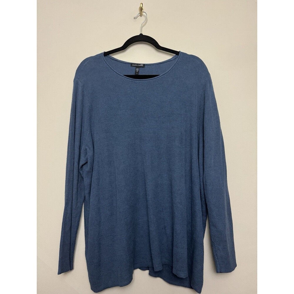 Eileen Fisher Womens Boxy Sweater Plus Size 2X Blue Linen Cotton Pullover
